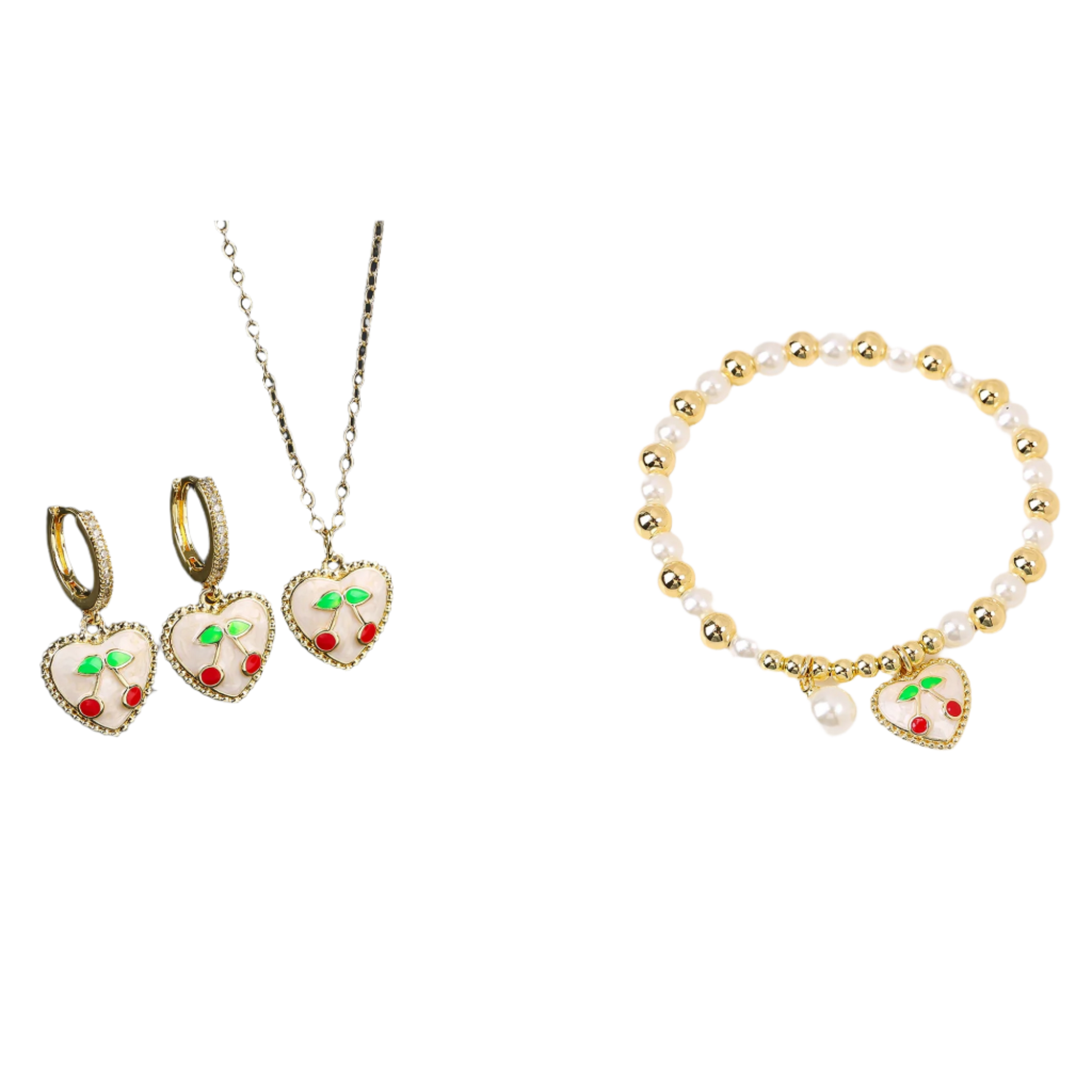 Jewelry set with heart-shaped earrings, necklace, and bracelet on a black and white background