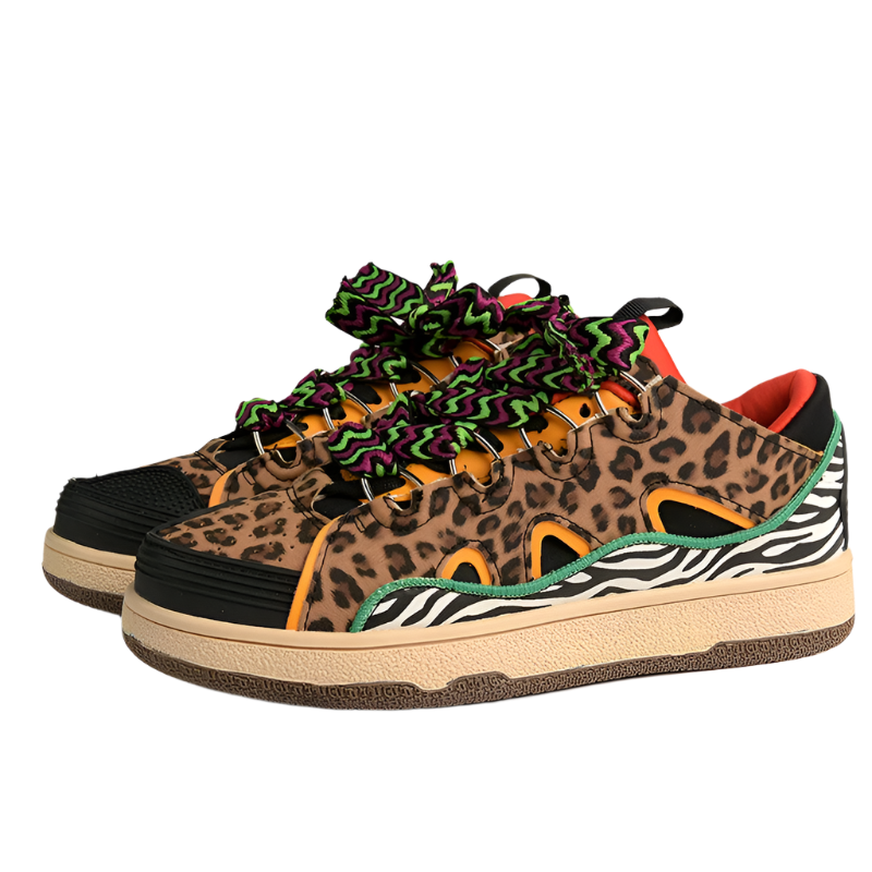 Luxury men's leopard print platform sneakers featuring vulcanized construction and elevated design for resort theme nights

