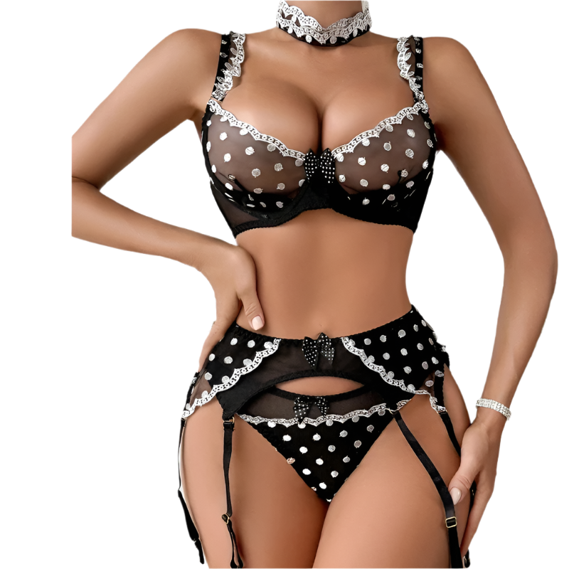 Black and white polka dot lingerie set 