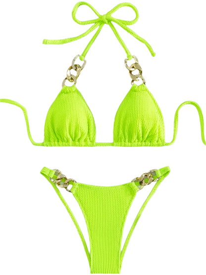 Sexy Women fluorescent green string metal tie halter bikini