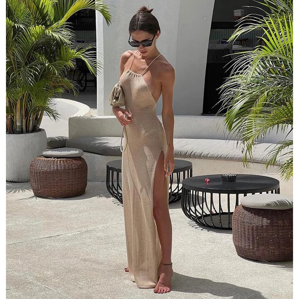 Beige Evening Gown: A sleek and elegant beige gown with a high slit and one-shoulder design, perfect for formal events.

