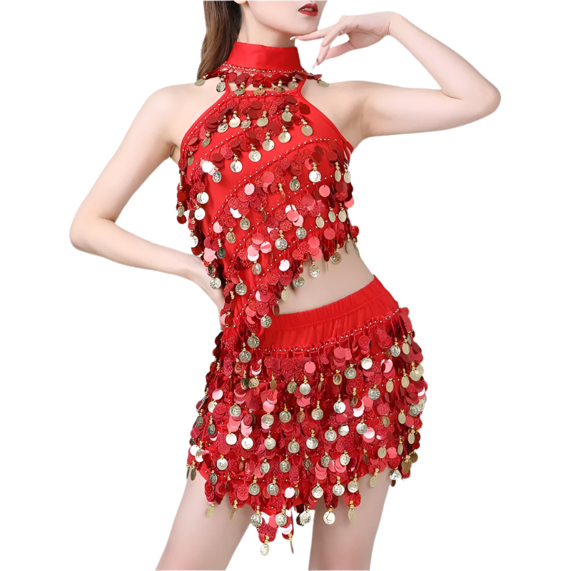 sequin coin tassel Latin dance set with fringe top and skirt for professional resort performances