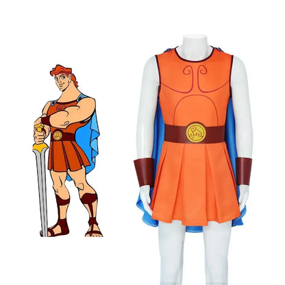 Greek Hero Costume: An orange tunic-style costume with a brown belt and blue cape, inspired by a classic Greek hero look.

