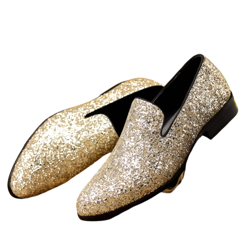 Gold and silver sequin designer loafers with slip-on design for resort formal events

