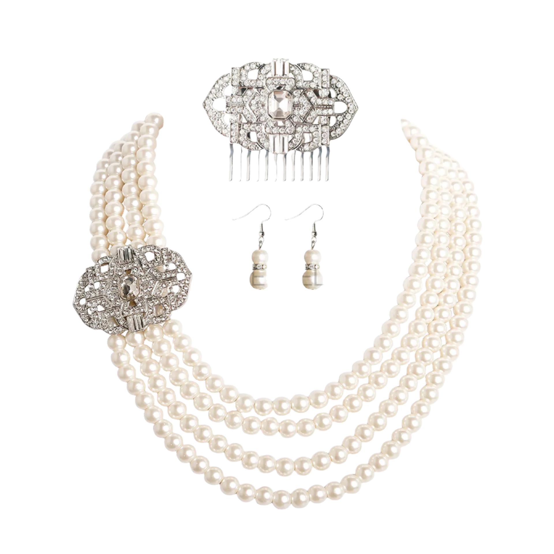 Complete Audrey Hepburn inspired accessory set with pearl necklace, earrings, gloves and cigarette holder for resort theme nights

