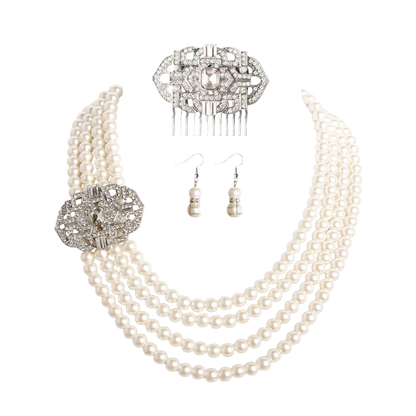 Complete Audrey Hepburn inspired accessory set with pearl necklace, earrings, gloves and cigarette holder for resort theme nights

