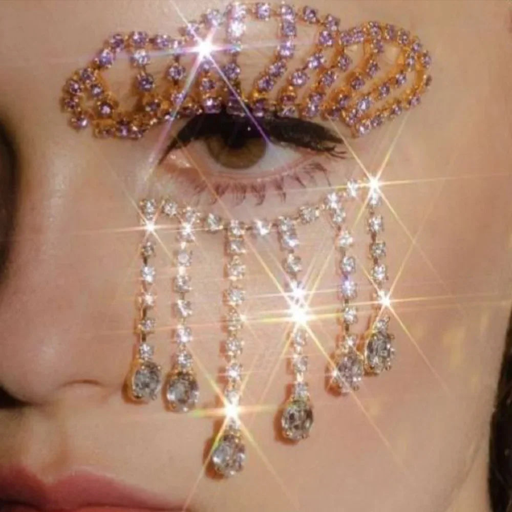 Rhinestone Long Tassel Eye Face Chain Jewelry Masquerade Cover for Women Ladies Party Bling Face Accessories Jewelry Gift