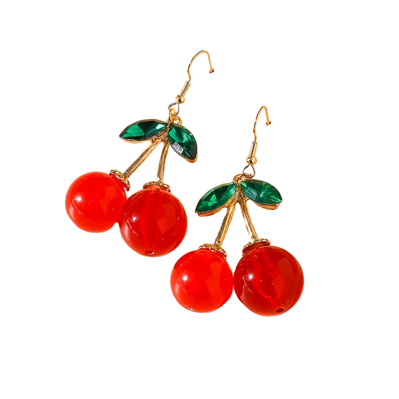 Cherry-themed earrings on a beige background
