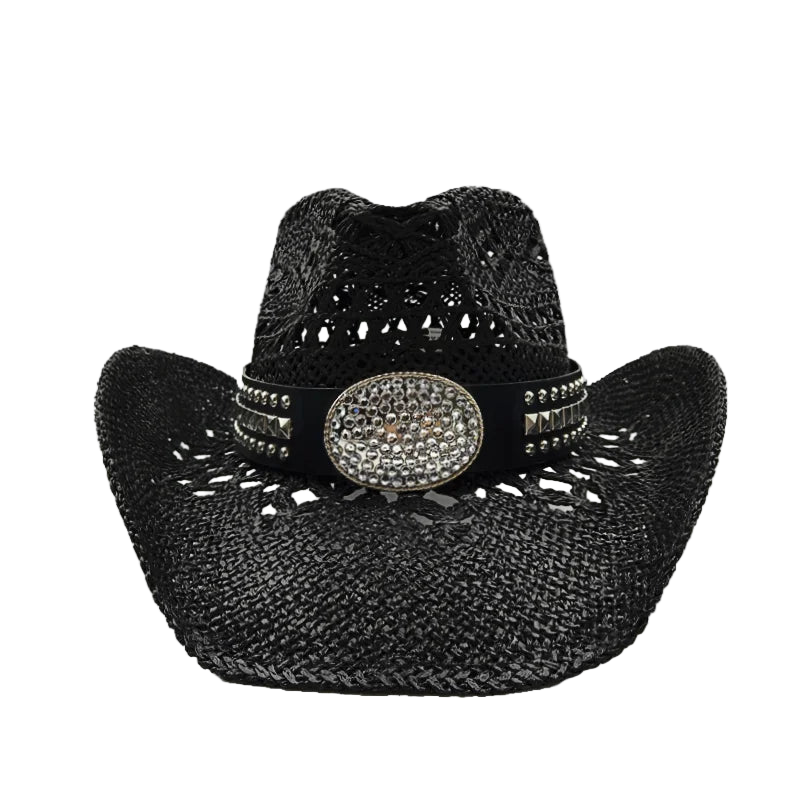 Black straw cowboy hat with a decorative band on a white background