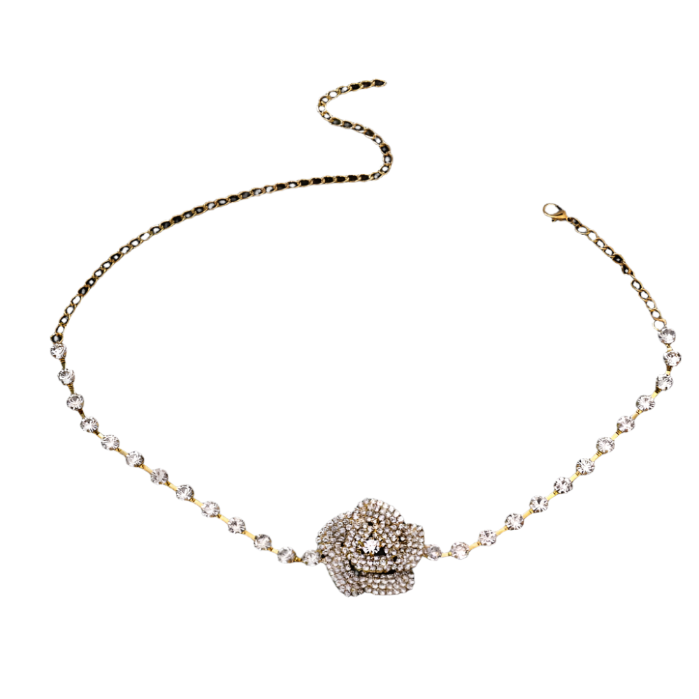 3D crystal rose choker with full rhinestone tennis chain - perfect for elegant resort evenings