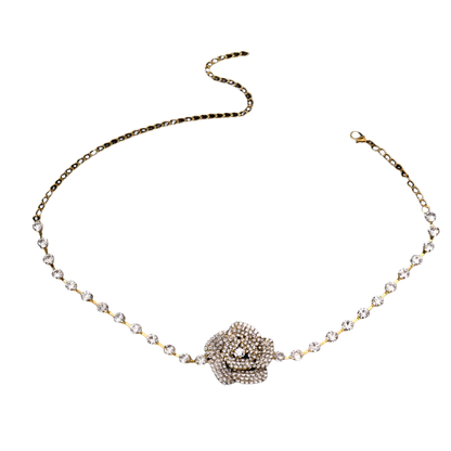 3D crystal rose choker with full rhinestone tennis chain - perfect for elegant resort evenings