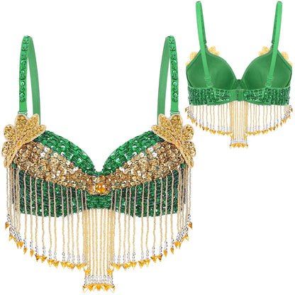 Women's Shiny Sequin Beaded Belly Dance Bra Tops with Tassels