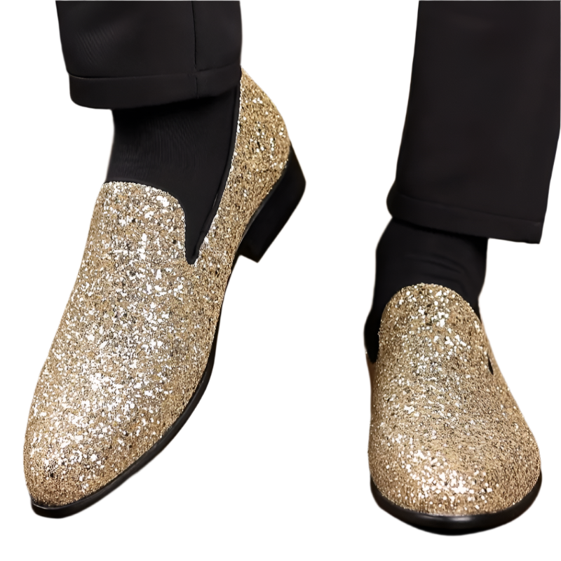 Gold and silver sequin designer loafers with slip-on design for resort formal events

