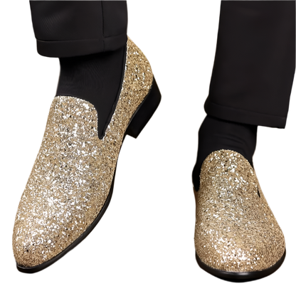 Gold and silver sequin designer loafers with slip-on design for resort formal events

