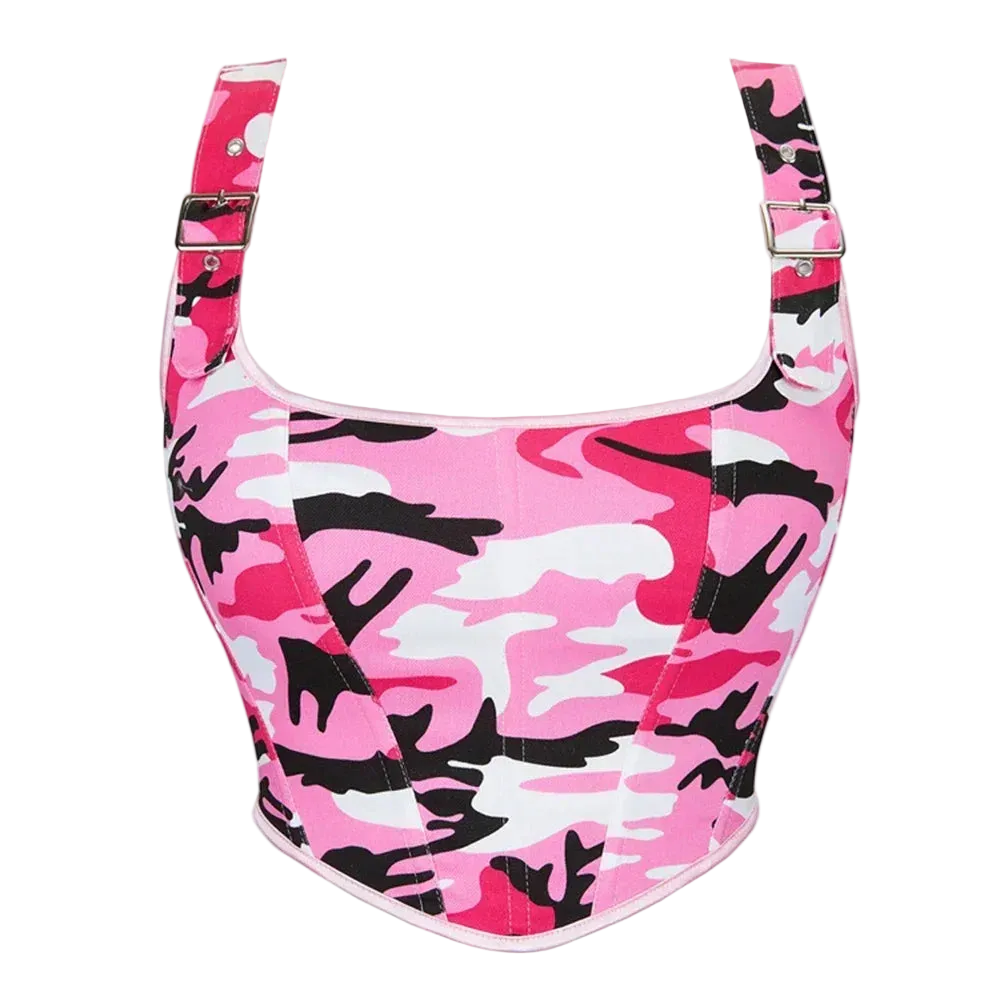 Pink camouflage bustier corset top with adjustable shoulder straps and silver metal buckles, shown on a plain white background.