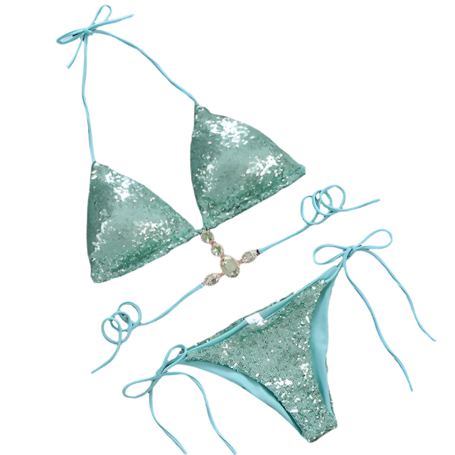 green sequined bikini featuring a halter-style top. It has sparkling crystal embellishments and a decorative chain detail, adding an elegant and glamorous touch.