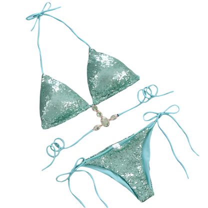 green sequined bikini featuring a halter-style top. It has sparkling crystal embellishments and a decorative chain detail, adding an elegant and glamorous touch.