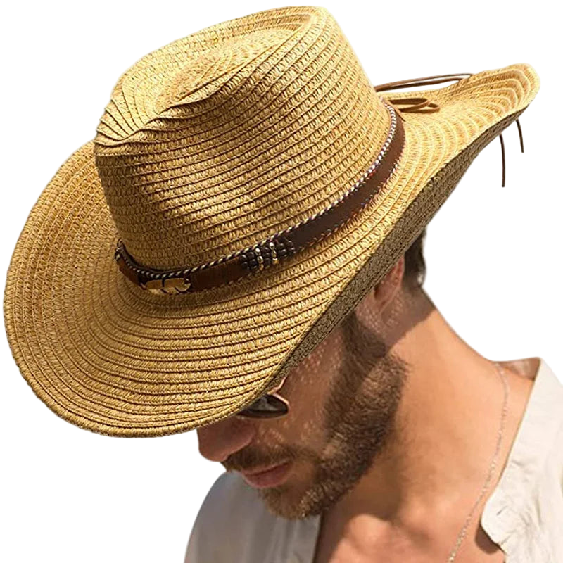 Man wearing a straw hat with a leather band on a white background