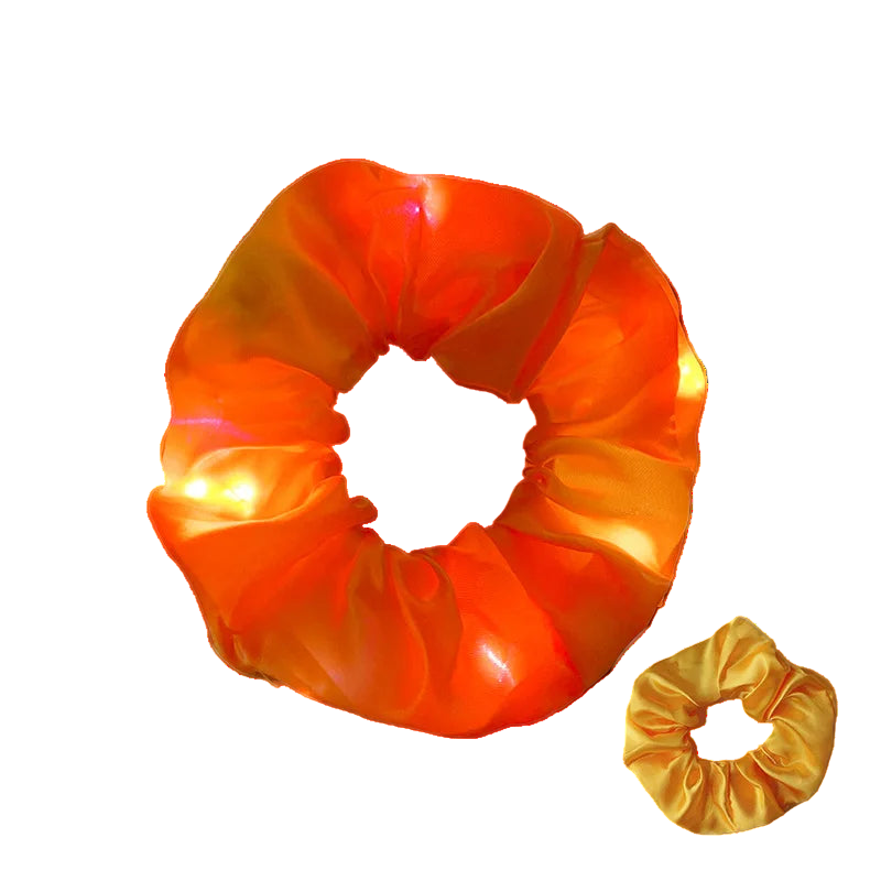 Orange LED scrunchie on a dark background with inset of yellow scrunchie.