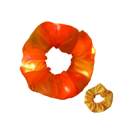 Orange LED scrunchie on a dark background with inset of yellow scrunchie.