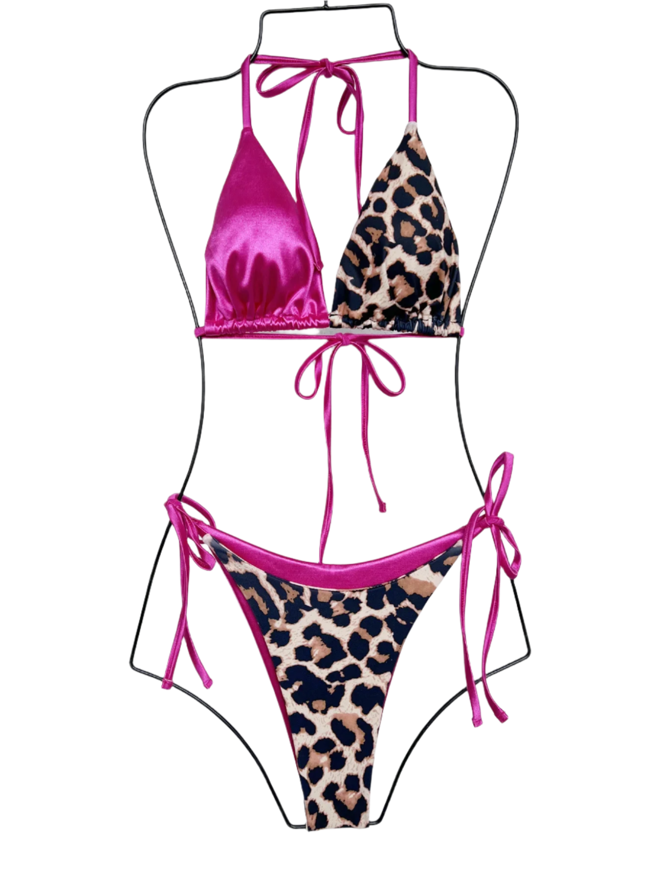 pink and Leopard Bikini: A trendy bikini with a mix of solid pink and leopard print, featuring a triangle top and tie-side bottoms for a stylish beach look.

