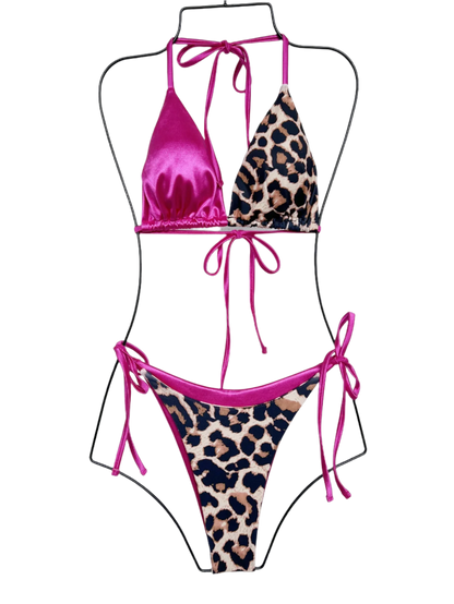 pink and Leopard Bikini: A trendy bikini with a mix of solid pink and leopard print, featuring a triangle top and tie-side bottoms for a stylish beach look.

