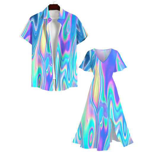  Plus size matching Hawaii beach outfit for couples, featuring a colorful neon light beam 3D print split dress and short sleeve shirts.