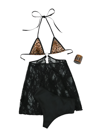 luxury leopard print mesh nightdress featuring delicate straps and seductive hollow-out details with flowing A-line silhouette