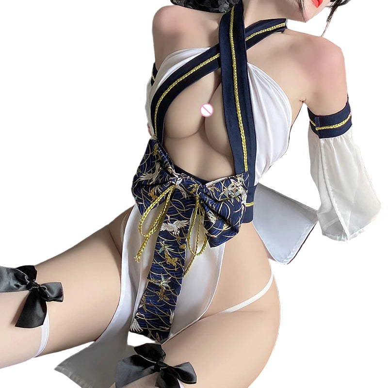 Person wearing a revealing outfit with a decorative bow on a dark surface.