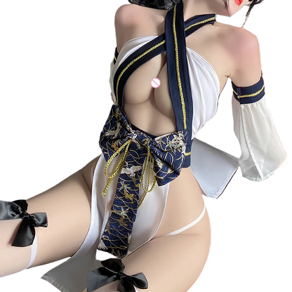 Person wearing a revealing outfit with a decorative bow on a dark surface.