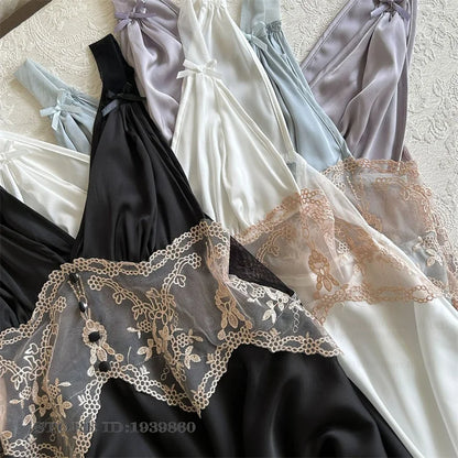 Sexy Women Lingerie Nightgown Chemise Sleepwear Patchwork Hollow Out Lace Nightdress Homeweae Summer Ice Silk Nightie Loungewear