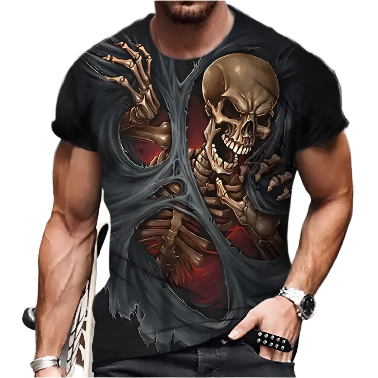 Man wearing a black t-shirt with a skeleton design on a city street.
