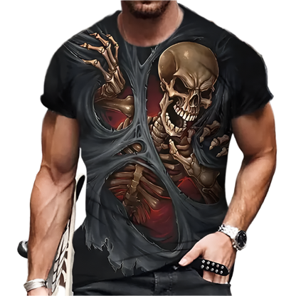 Man wearing a black t-shirt with a skeleton design on a city street.