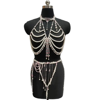 Pearl embellished halter top and skirt set on a mannequin against a white background