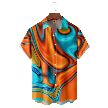 Colorful shirt with abstract design on a hanger against a white background