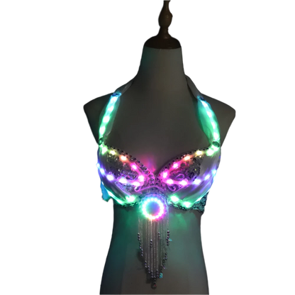 LED Light-Up Bra: A dazzling bra adorned with colorful LED lights and decorative fringe, creating a vibrant and eye-catching look.

