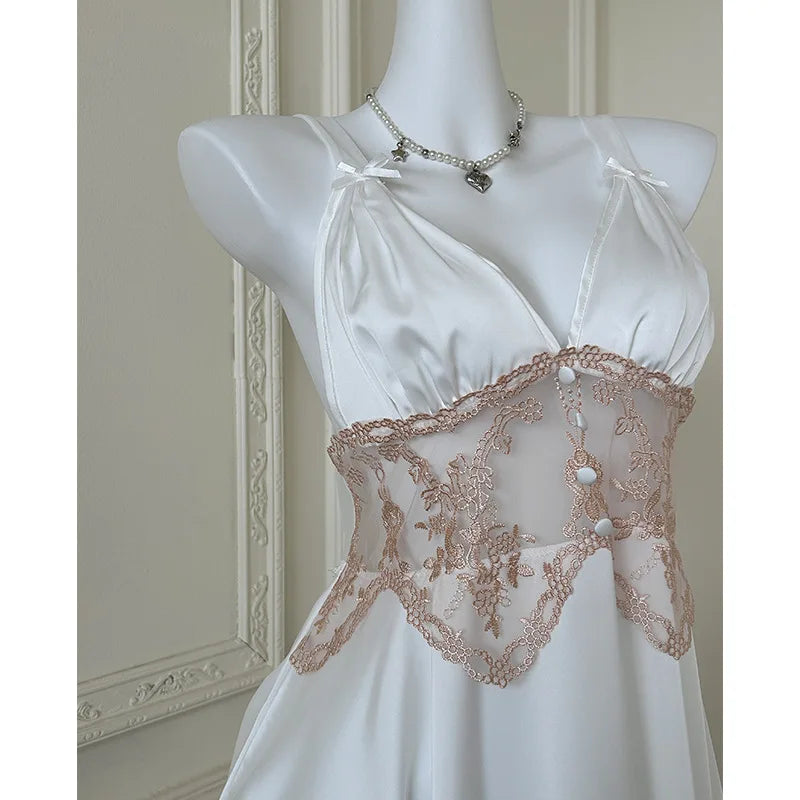 Sexy Women Lingerie Nightgown Chemise Sleepwear Patchwork Hollow Out Lace Nightdress Homeweae Summer Ice Silk Nightie Loungewear