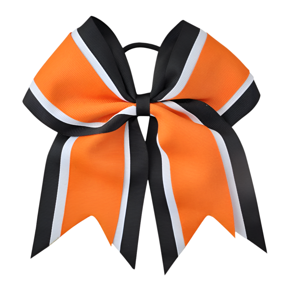 Orange and black cheer bow on a white background