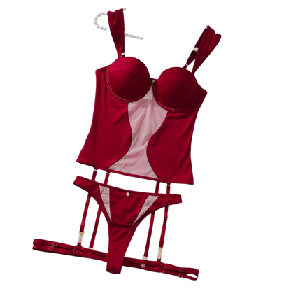 Red lingerie set with yellow flowers and a white curtain in the background