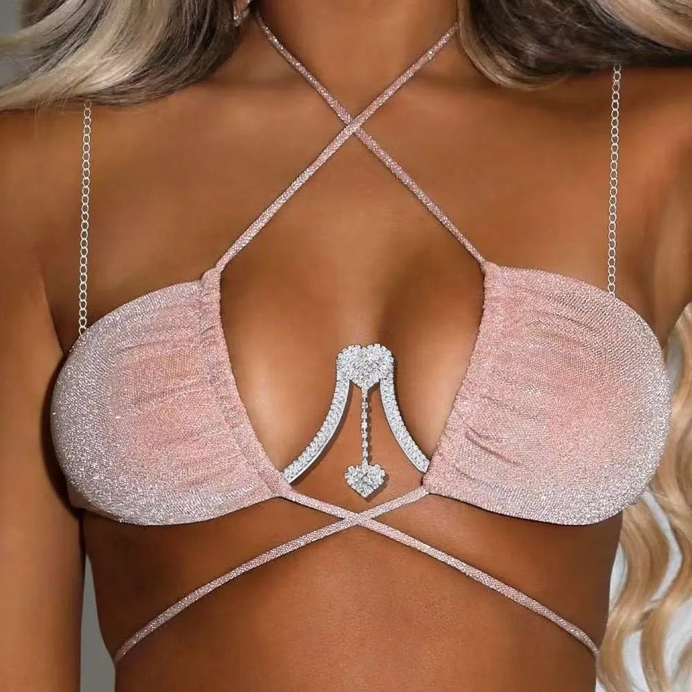 Women’s Rhinestone Heart Body Chain | Crystal Chest Jewelry
