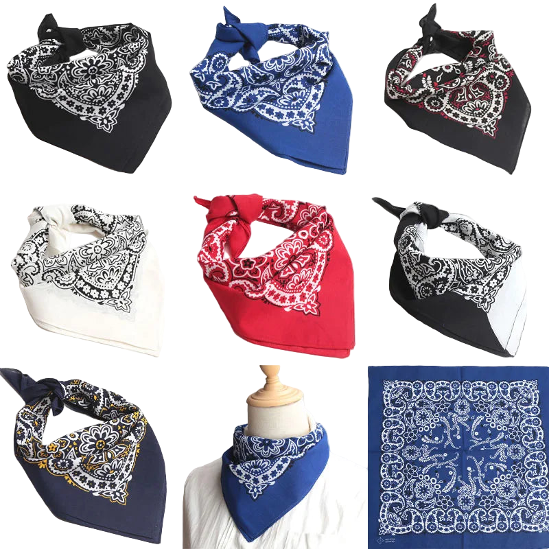Collection of bandanas in various colors and patterns on a white background.