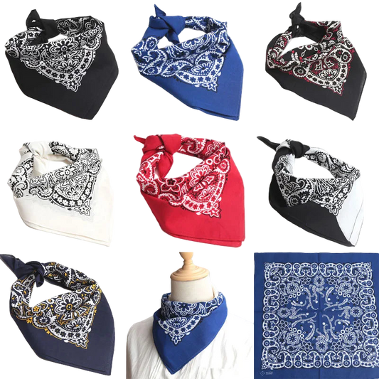 Collection of bandanas in various colors and patterns on a white background.