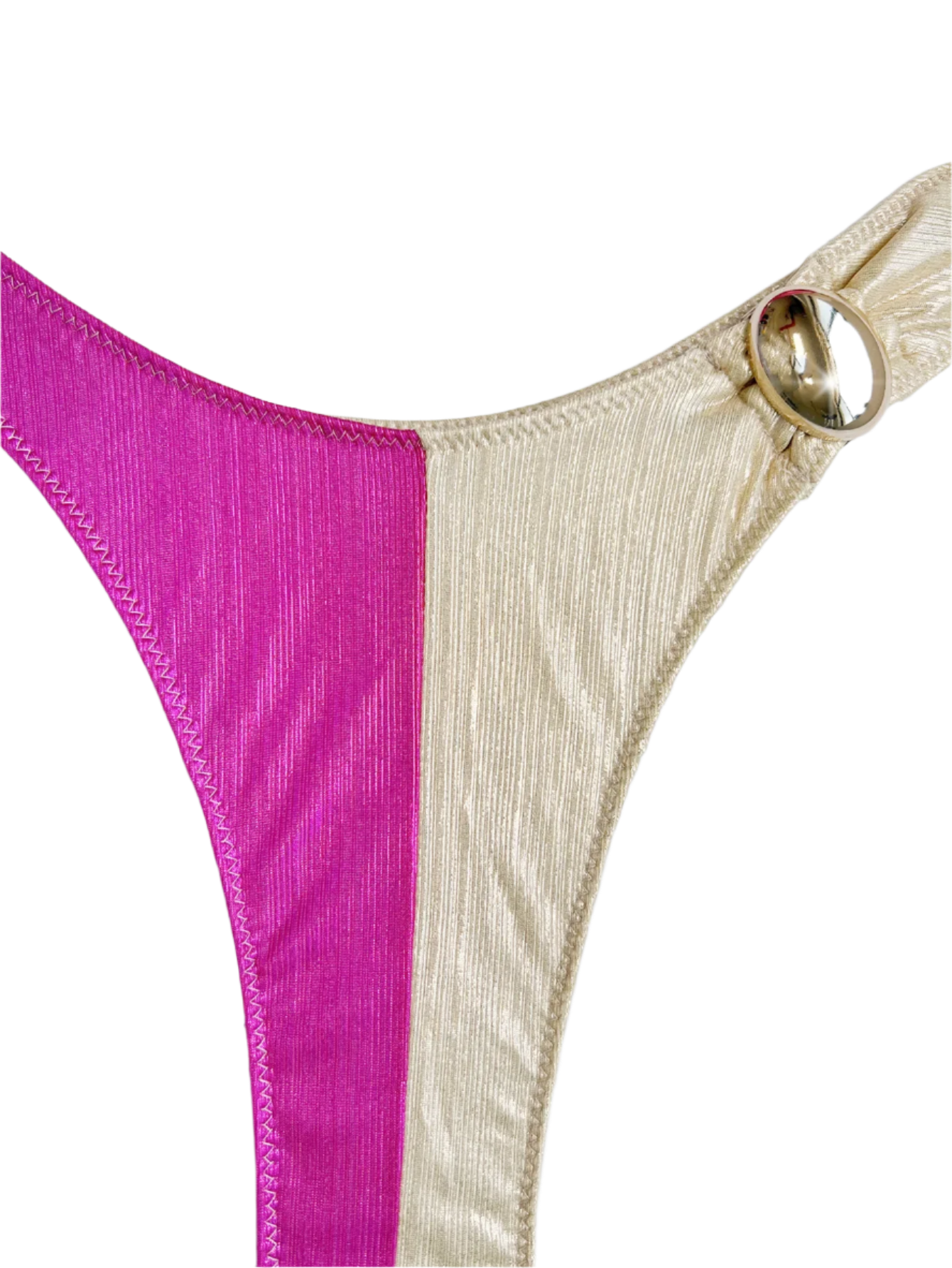 A bikini set with a one-shoulder design, featuring a combination of pink and cream colors. The pieces are accented with decorative gold rings.