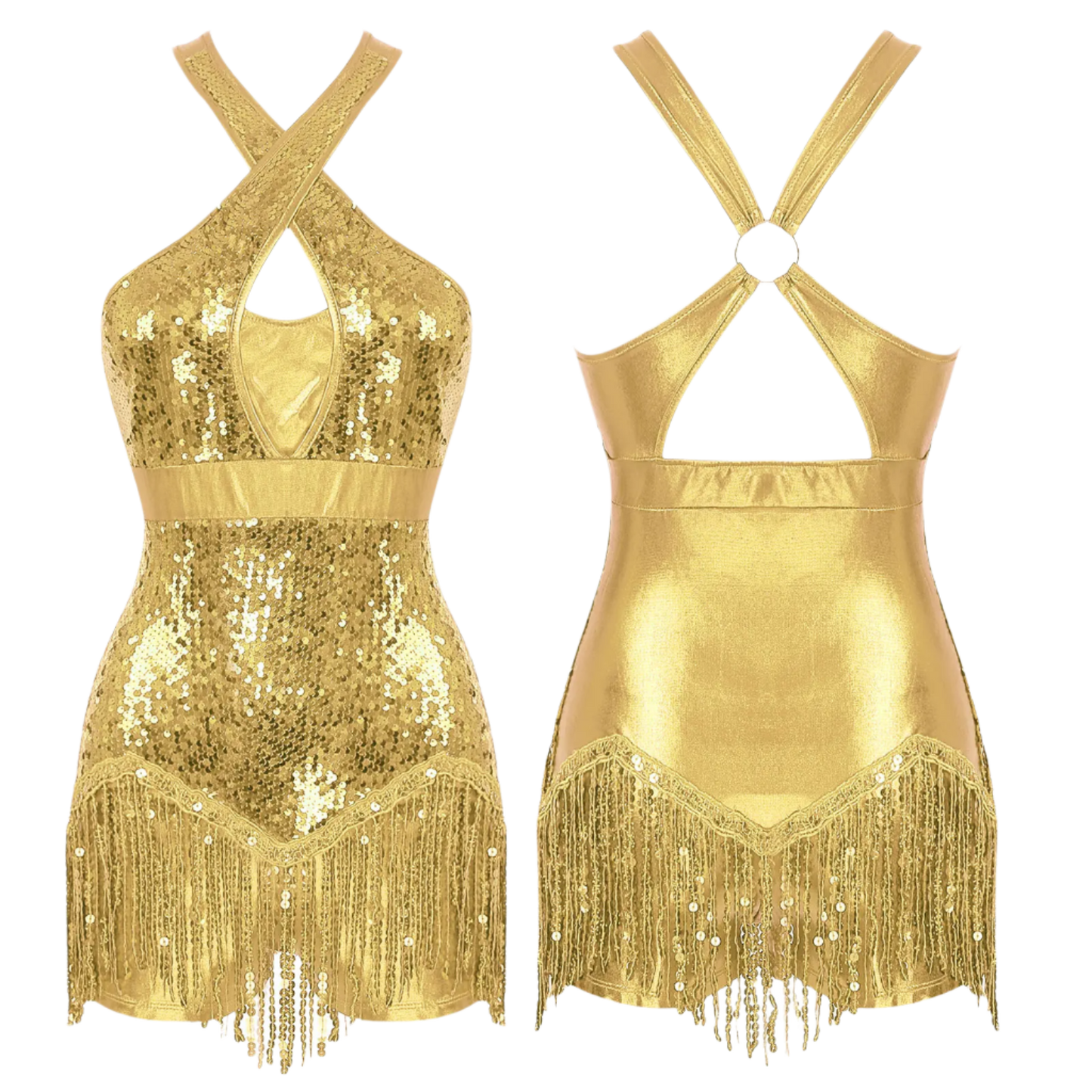 Womens Glittery Sequins Crisscross Sequins Tassel Halter Bodysuit