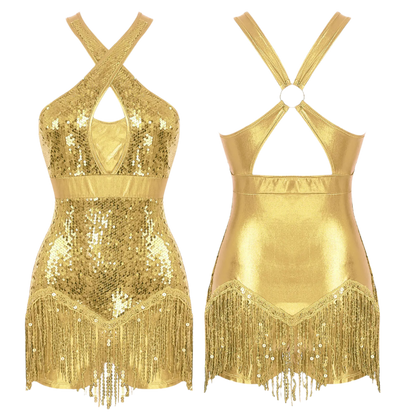 Womens Glittery Sequins Crisscross Sequins Tassel Halter Bodysuit