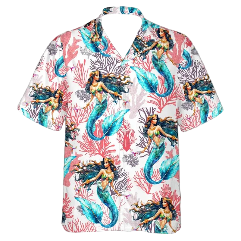 A short-sleeve button-up Hawaiian-style shirt with a white base and an all-over print of mermaids and coral. The mermaids have teal-blue tails, dark hair, and swimwear in pink, green, and yellow tones, set against a white background with coral in pink, red, and gray.