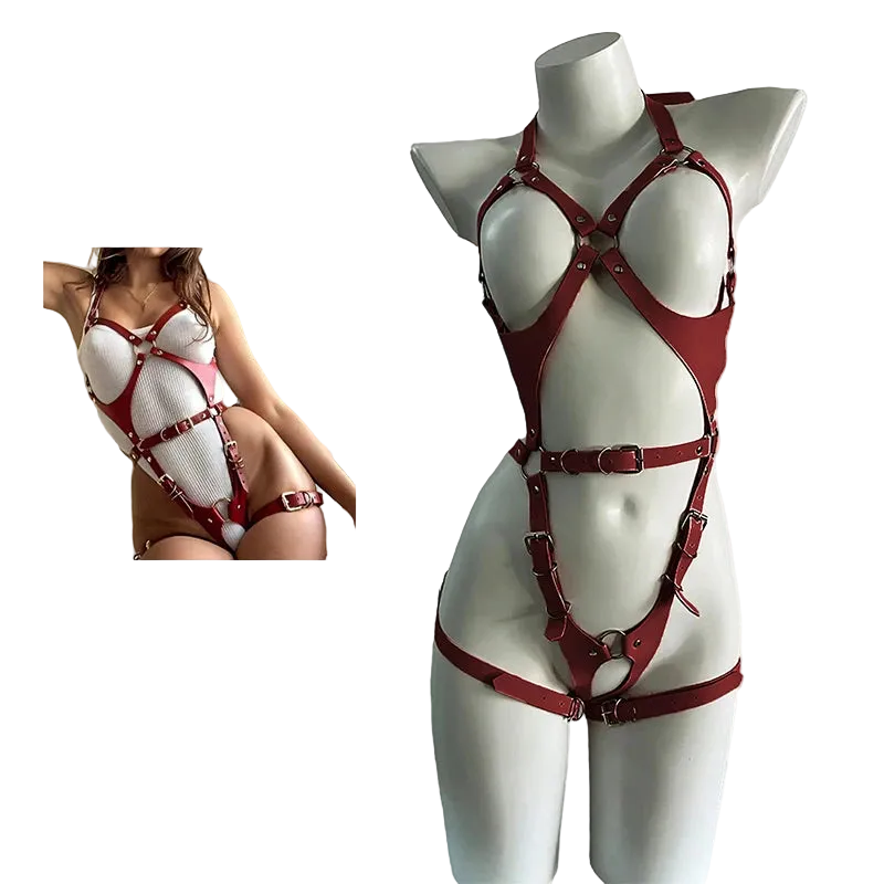 A burgundy leather harness with metal buckles and rings displayed on a white mannequin torso, alongside a smaller inset photo of a woman wearing the harness. Text reads 'Burgundy Leather Harness'.