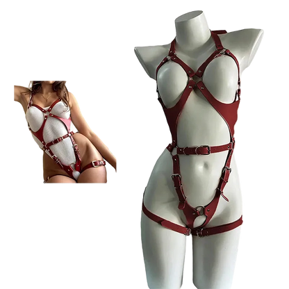 A burgundy leather harness with metal buckles and rings displayed on a white mannequin torso, alongside a smaller inset photo of a woman wearing the harness. Text reads 'Burgundy Leather Harness'.