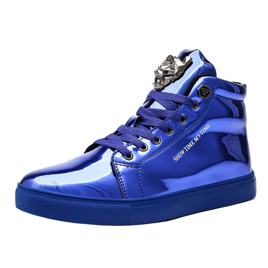 A shiny royal blue high-top sneaker with matching blue laces, a sculpted metallic lion head on the tongue, and 'SHOW TIME IN MY TIME' printed on the side, shown against a plain white background.