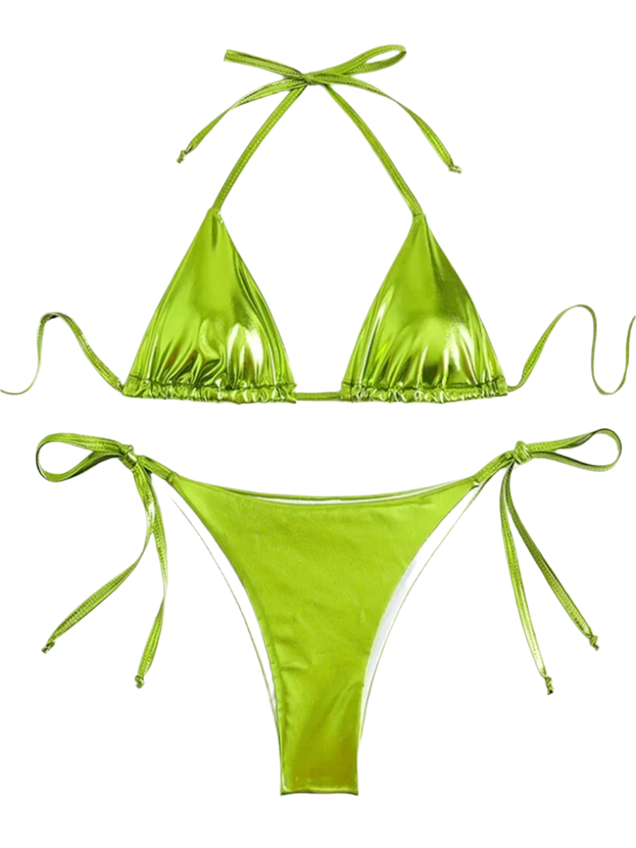 A shiny, iridescent bikini in shades of green It features a classic triangle top and tie-side bottoms, creating a vibrant and eye-catching beachwear style.